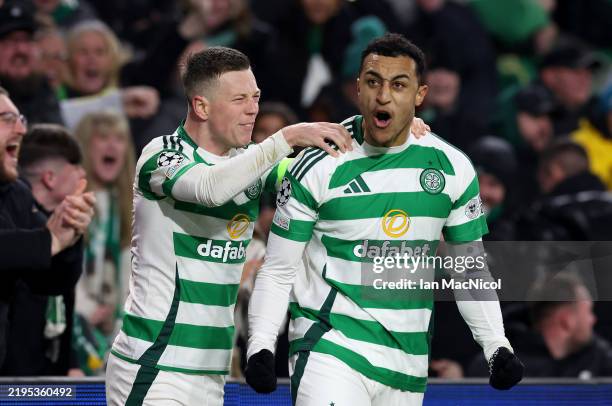 Adam Idah of Celtic celebrates after Loris Benito of BSC Young Boys concedes an own goal, resulting in the first goal for Celtic, during the UEFA...