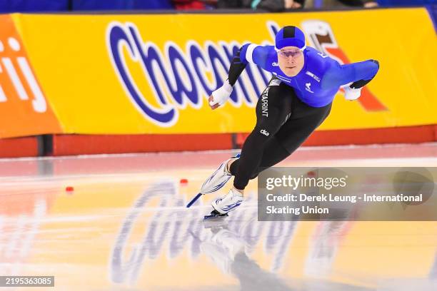 Marten Liiv of Estonia skates in the division A Men's 1,000m on January 25, 2025 in Calgary, Canada.