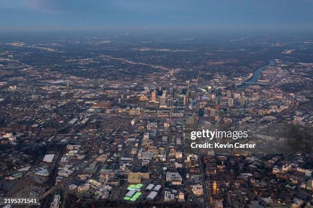 In an aerial view, downtown Nashville is seen at sunset on January 22, 2025 in Nashville, Tennessee.
