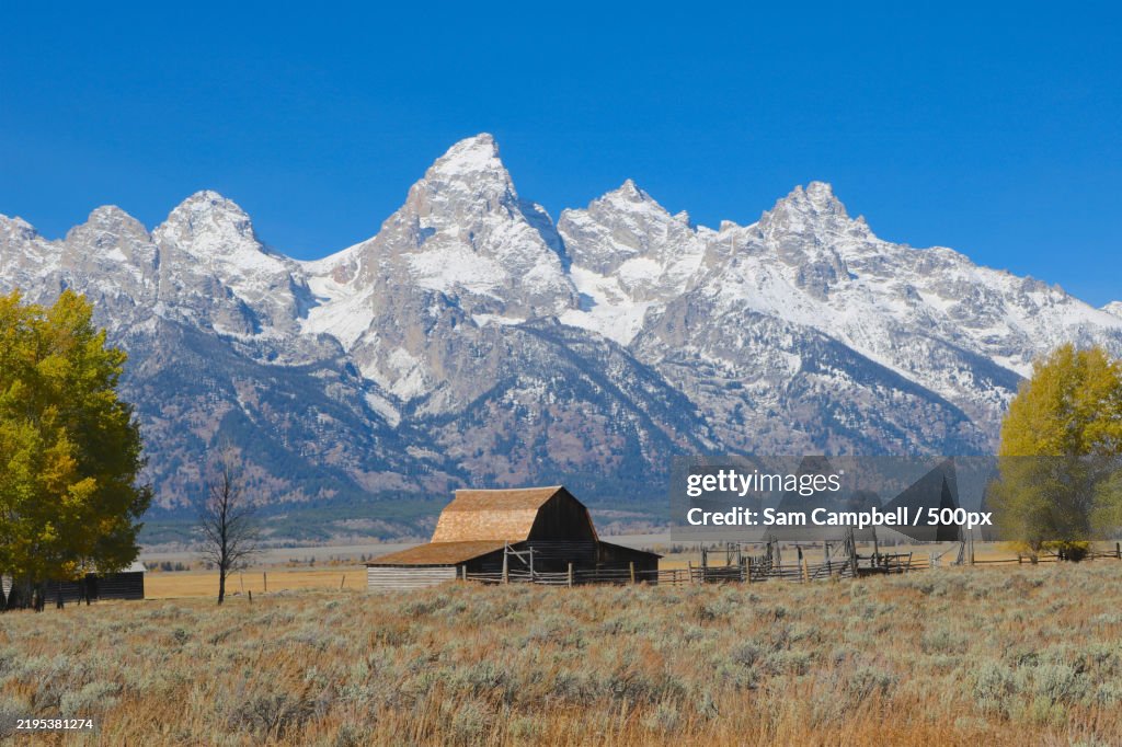 Moulton Barn in front of Teton Mountains at Grand Teton National Park,Hawaii,United States,USA