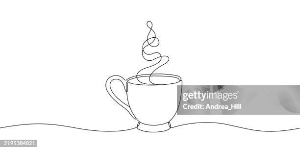 teacup with steam. single line drawing banner with editable stroke - coffee mug white background stock illustrations