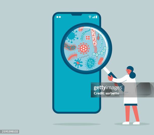 magnifier and bacterial cells - pathogen stock illustrations