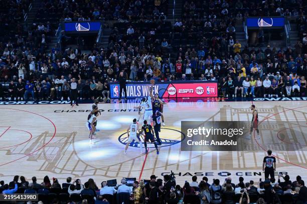 Players are in aciton during NBA game between Los Angeles Lakers and Golden State Warriors at Chase Center on January 25, 2025 in San Francisco,...