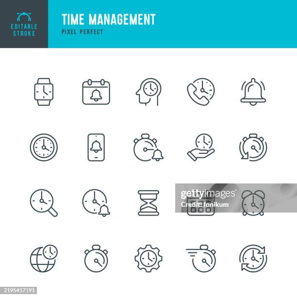 time management - thin line vector icon set. pixel perfect. editable stroke. the set contains icons: time, clock, stopwatch, timer, hourglass, calendar, bell, smart watch, alarm clock. - bell stock illustrations
