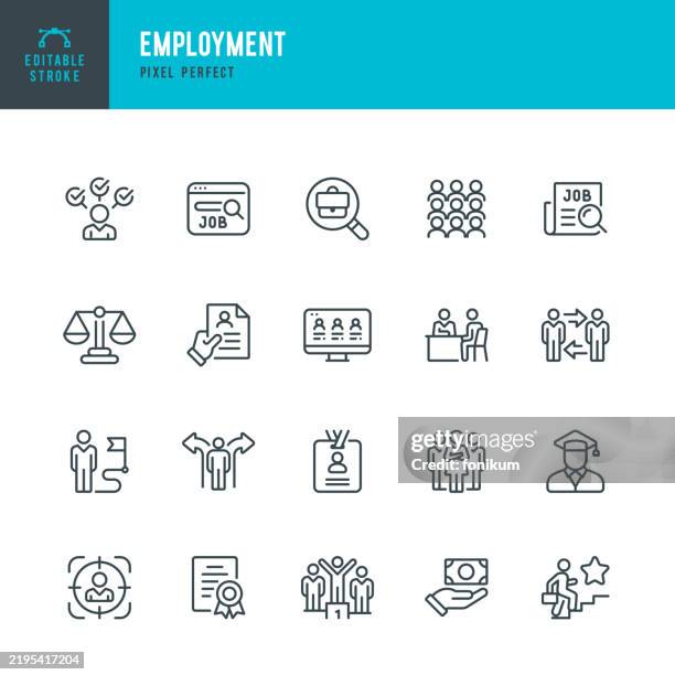 beschäftigung - vektor-symbolsatz mit dünner linie. pixel perfekt. bearbeitbarer strich. das set enthält symbole: rekrutierung, vorstellungsgespräch, kandidat, jobsuche, stellenangebot, fähigkeit, mitarbeiter, löhne. - führungspersönlichkeit stock-grafiken, -clipart, -cartoons und -symbole