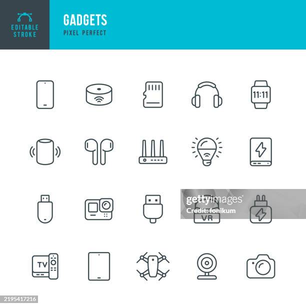 gadgets - vektor-symbolsatz mit dünner linie. pixel perfekt. bearbeitbarer strich. das set enthält symbole: smart speaker, smartphone, virtual-reality-helm, action-kamera, smartwatch, drohne, drahtlose in-ear-kopfhörer, router, smart lampe. - fernbedienung stock-grafiken, -clipart, -cartoons und -symbole