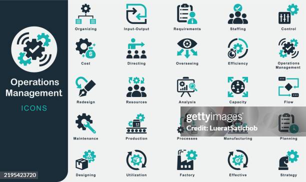 stockillustraties, clipart, cartoons en iconen met operations management solid icons collection.containing factory, requirements, input-output, business, manufacturing, resources, strategy, planning, overseeing, cost, control, production, efficiency - directeur