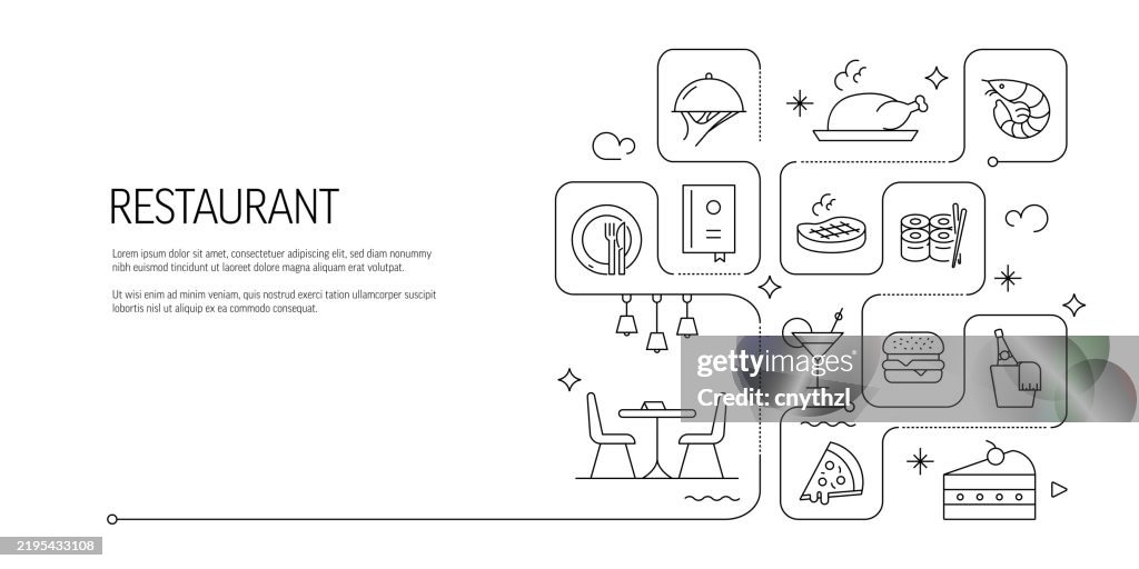 Restaurant and Food Line Icon Set. Chef, Menu, Serving, Bar, Cutlery.