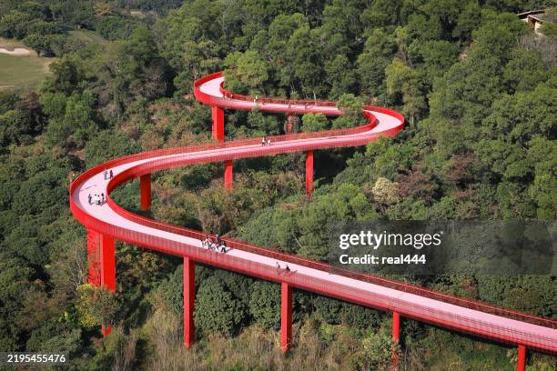 ponte rosso nella natura - ponte pedonale foto e immagini stock