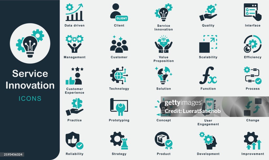 Service Innovation solid icons collection.Containing Client, Efficiency, Technology, Solution, Reliability, Service, Marketing, Improvement, Business, Practice, Customer, Function, Process, Management