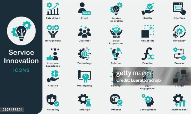 service innovation solid icons collection.containing client, efficiency, technology, solution, reliability, service, marketing, improvement, business, practice, customer, function, process, management - customer experience stock illustrations