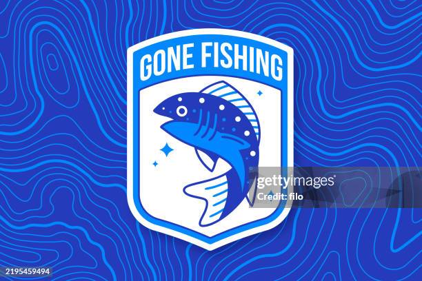 illustrations, cliparts, dessins animés et icônes de gone fishing badge fond topographique - prise de pêche