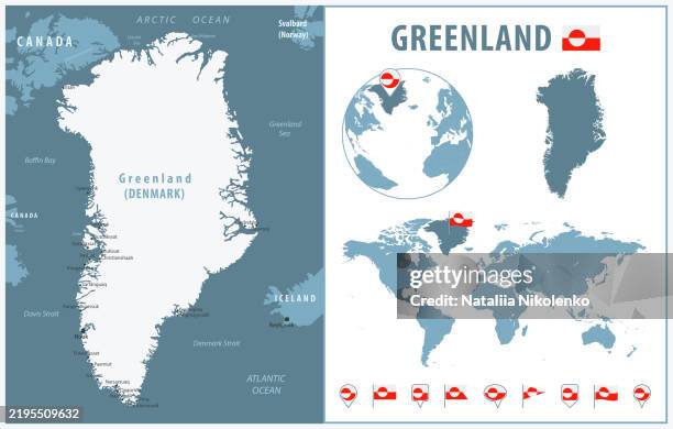 illustrations, cliparts, dessins animés et icônes de carte détaillée du groenland avec les régions et les villes du pays. - groenland