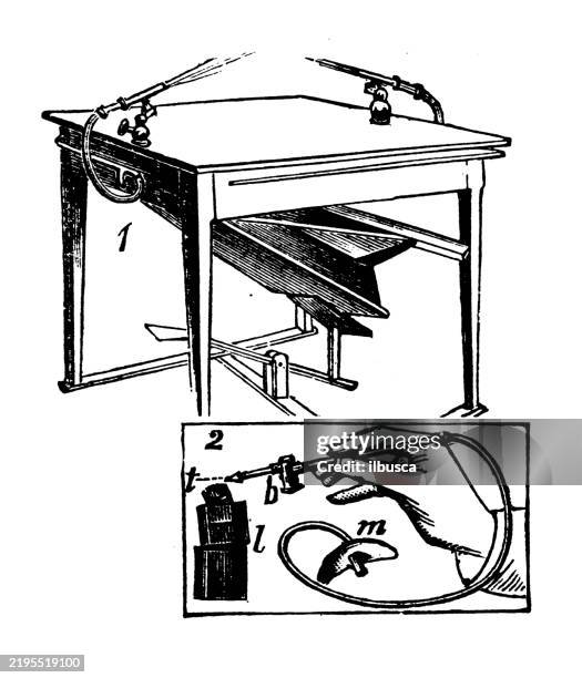blowpipe table, bulb blowpipe - laboratory table stock illustrations
