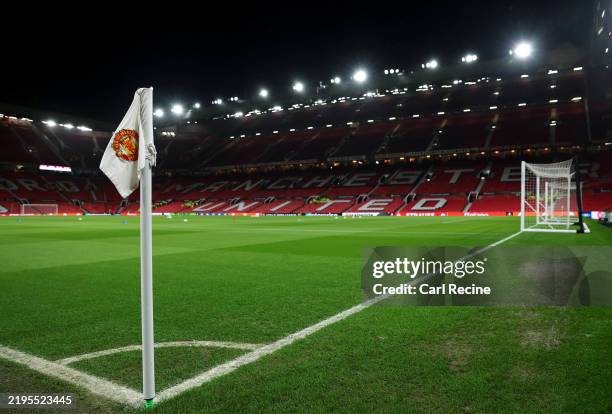 General view of a Manchester United corner flag on the pitch ahead of the UEFA Europa League 2024/25 League Phase MD7 match between Manchester United...