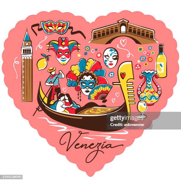 valentine card with venice symbols - murano glass stock illustrations