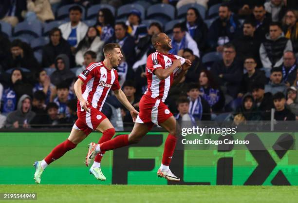Ayoub El Kaabi of Olympiakos FC celebrates scoring his team's first goal during the UEFA Europa League 2024/25 League Phase MD7 match between FC...