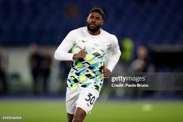 Nuno Tavares of Lazio warms up prior to the UEFA Europa League 2024/25 League Phase MD7 match between S.S. Lazio and Real Sociedad de Futbol at...