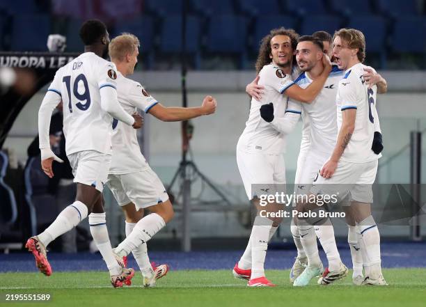 Mario Gila of Lazio celebrates with teammates after scoring his team's first goal during the UEFA Europa League 2024/25 League Phase MD7 match...