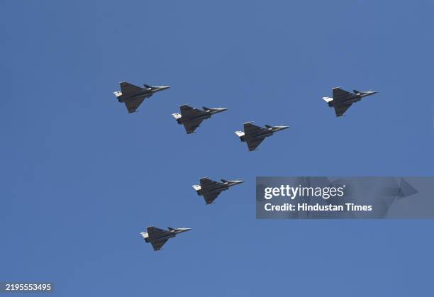 Indian Air Force's Rafale aircrafts fly past in Vajraang formation during the Republic Day Parade 2025 at Kartavya Path in New Delhi, India, on...
