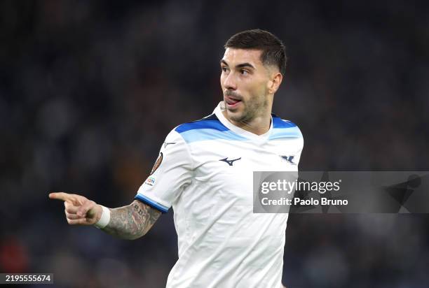Mattia Zaccagni of Lazio celebrates scoring his team's second goal during the UEFA Europa League 2024/25 League Phase MD7 match between S.S. Lazio...