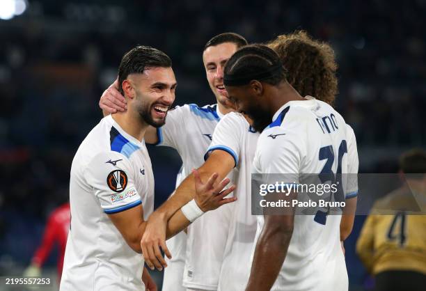 Valentin Castellanos of Lazio celebrates with teammates after scoring his team's third goal during the UEFA Europa League 2024/25 League Phase MD7...