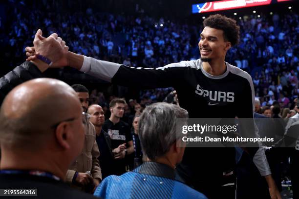 Victor Wembanyama of the San Antonio Spurs celebrates after defeating the Indiana Pacers in the game at the Accor Arena on January 23, 2025 in Paris,...