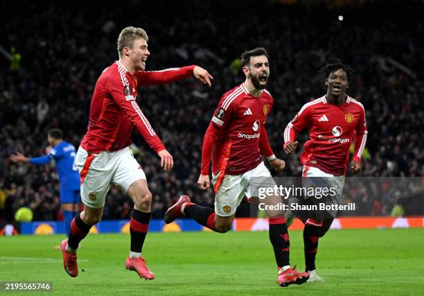 Bruno Fernandes of Manchester United celebrates scoring his team's second goal during the UEFA Europa League 2024/25 League Phase MD7 match between...