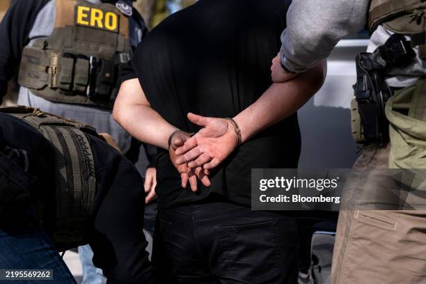 Immigration and Customs Enforcement agents detain a suspect during a multi-agency targeted enforcement operation in Lyons, Illinois, US, on Sunday,...