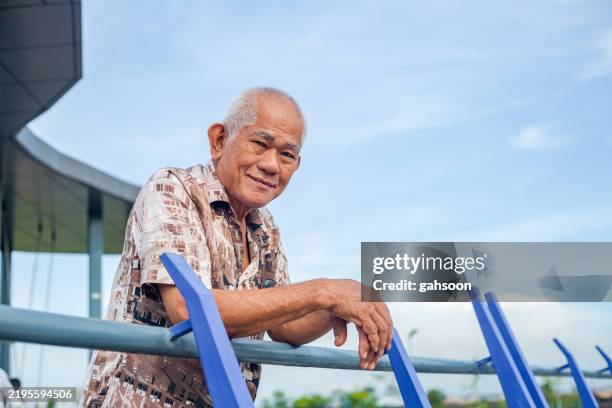 portrait of senior man at park - singapore man portrait stock pictures, royalty-free photos & images