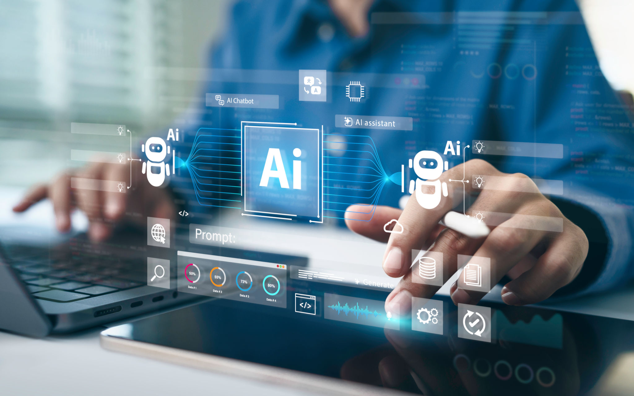 AI Artificial Intelligence technology for data analysis, research, planning, and work generate. Man uses a laptop and AI assistant dashboard. Technology smart robot AI agents and agentic workflows. AI Artificial Intelligence technology for data analysis, research, planning, and work generate. Man uses a laptop and AI assistant dashboard. Technology smart robot AI agents and agentic workflows.
