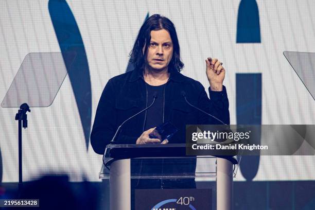 Jack White speaks on stage after receiving the TEC Innovation Award during Day 1 of The 2025 NAMM Show at Anaheim Convention Center on January 23,...