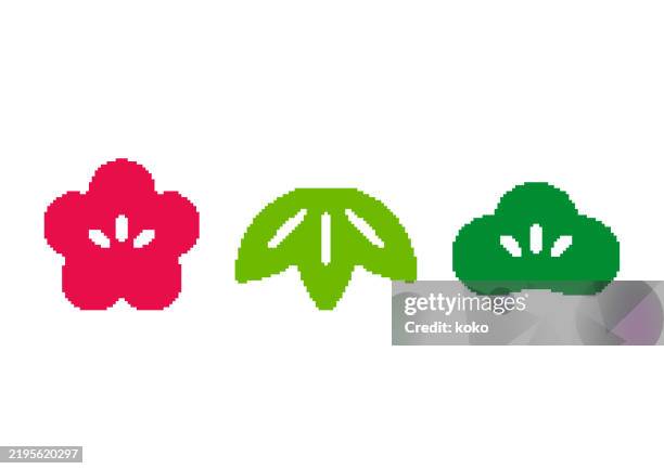 pixel art. japanese new year's lucky charm. plum blossom, bamboo grass, pine. - bamboo leaf on white stock illustrations