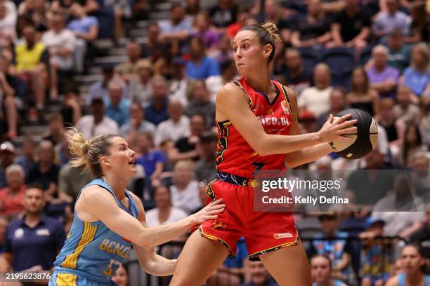 Steph Talbot of the Lightning takes a rebound during the round 13 WNBL match between Bendigo Spirit and Adelaide Lightning at Red Energy Arena, on...