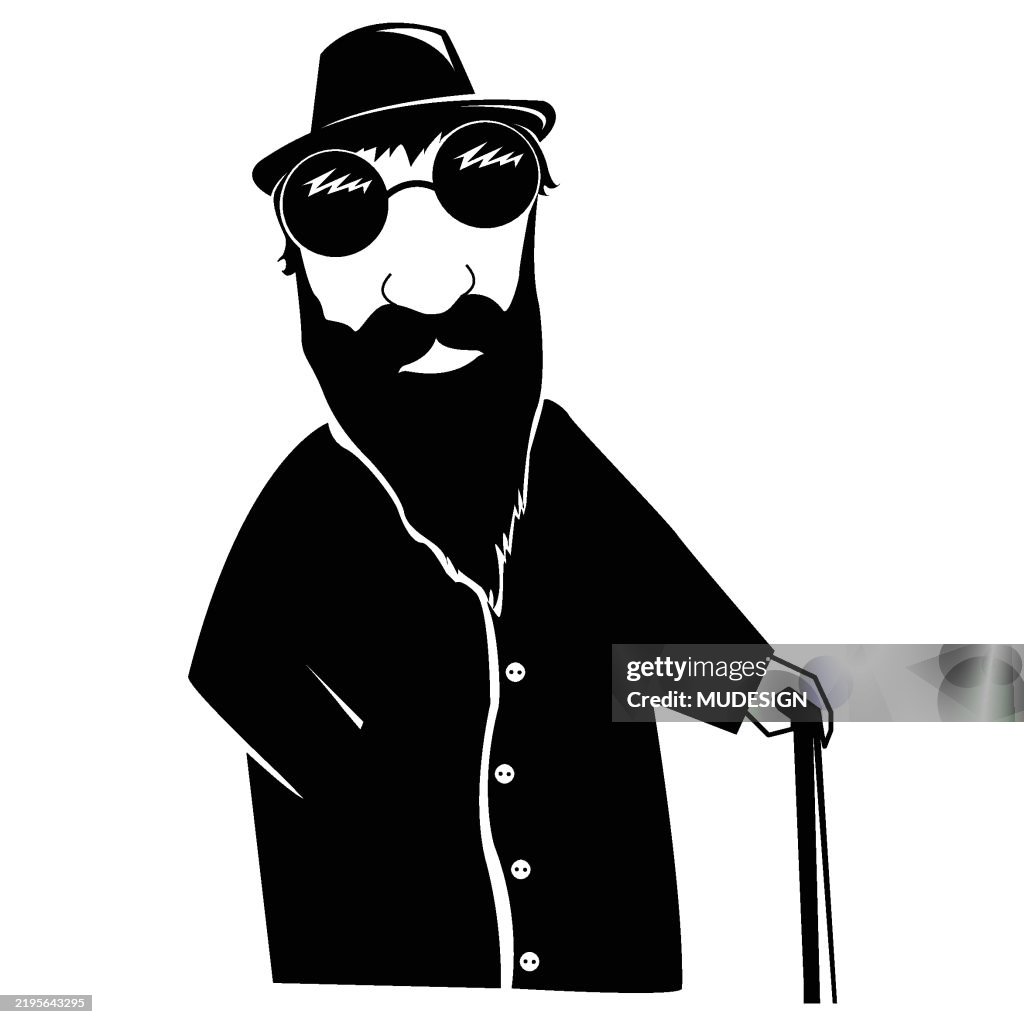 Blind man with walking cane black color vector character.