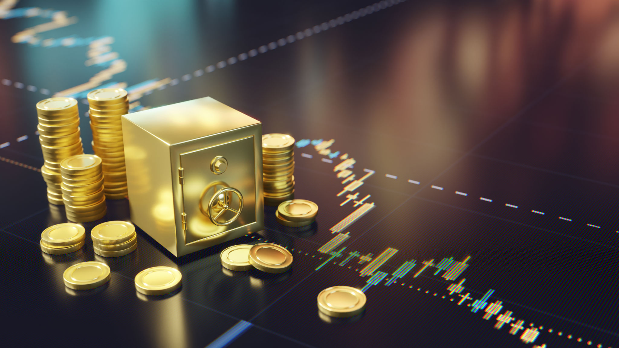 Golden Coins and Safe on Digital screen with Stock Market Chart Golden Coins and Safe on Digital screen with Stock Market Chart