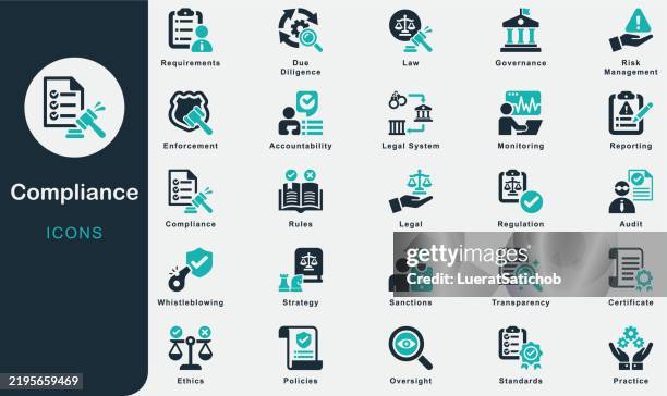 illustrations, cliparts, dessins animés et icônes de collection d’icônes solides de conformité. contenant la loi, les exigences, les normes, la gouvernance, la réglementation, les politiques, la transparence, le système juridique, les règles, l’éthique, la gestion des risques, l’audit, la surveil - échange commercial