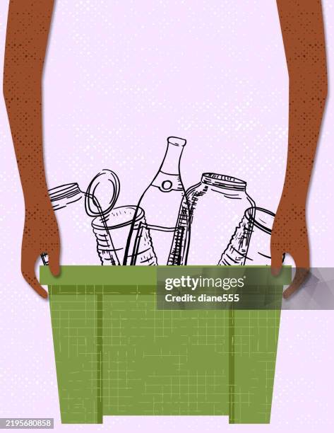 hands lifting a recycling bin filled with cans and bottles - picking up garbage stock illustrations
