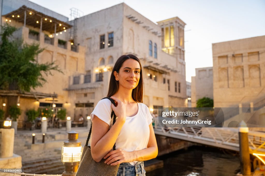 Female tourist visiting Al Bastikiya old town in Dubai