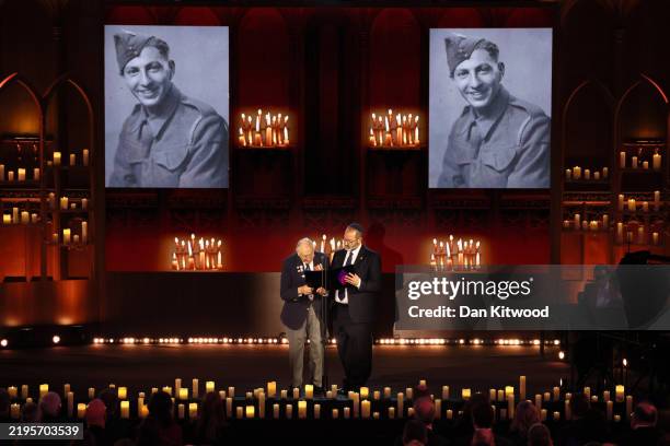 Veteran Mervyn Kersh with Rabbi Josh Levy during a ceremony commemorating Holocaust Memorial Day on January 27, 2025 in London, England. Prime...