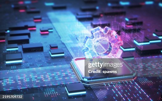 Data Stream Powerful Futuristic Motherboard Chipset and CPU Digital Gears Production and Working Concept Data Stream Powerful Futuristic Motherboard Chipset and CPU Digital Gears Production and Working Concept