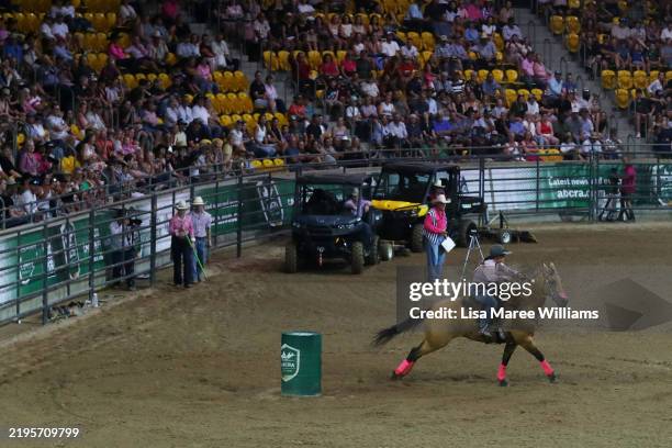 Melissa Simpson competes in the Prydes Easifeed Ladies Barrel event at the ABCRA National Finals on January 24, 2025 in Tamworth, Australia. Women's...
