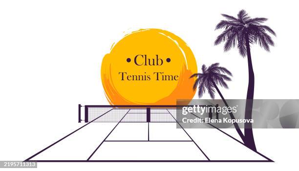 tennis court with palm trees on sunset background in retro style. template for sports club on white background with text and copy space. stylish sport vector illustration. - tennis net white background stock illustrations