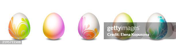 colorful easter eggs with decorative plant pattern isolated on white background. creative spring holiday easter set in realistic style. - painted easter eggs stock illustrations