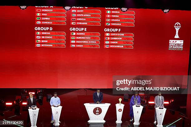 Mustapha Hadji, Serge Aurier, Samson Adamu, Aliou Cisse, Joseph Yobo stand on stage during the draw of the CAF 2025 AFCON Africa Cup of Nations...