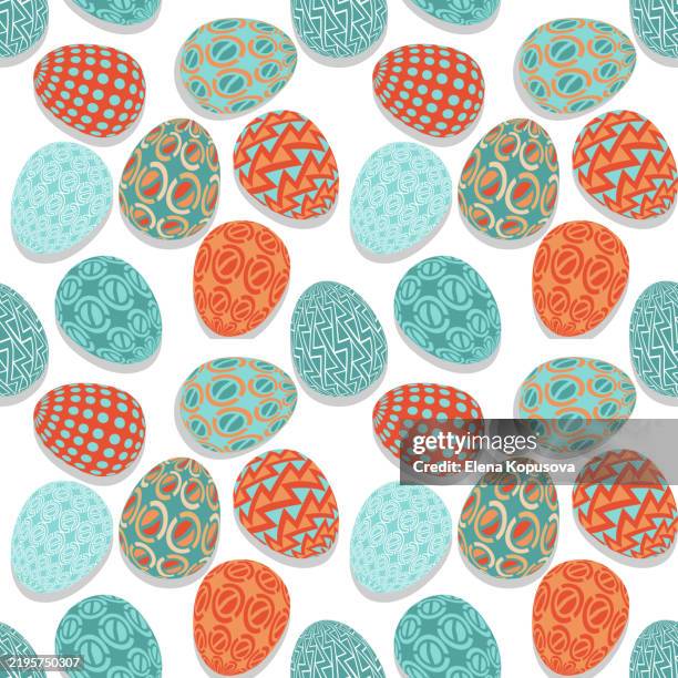 colorful easter eggs with ornamental decorative pattern isolated on white background. creative stylish festive easter seamless pattern in retro style. - easter seamless pattern stock illustrations