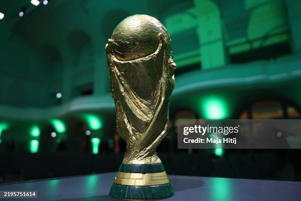 Detailed view of the FIFA World Cup trophy during a gala to celebrate the 125th anniversary of the German Football Association DFB at Kongresshalle...