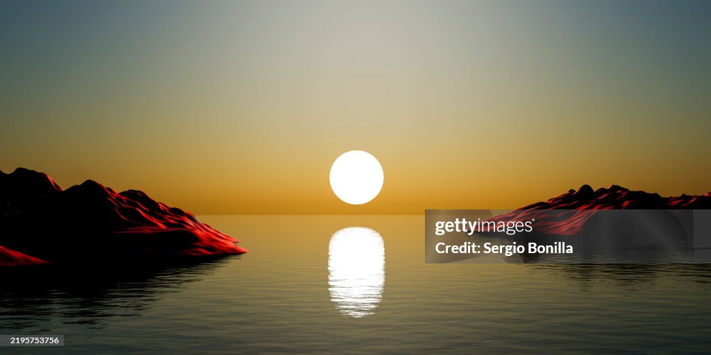 Illustration of sunrise over a calm sea with the sun reflecting on the water between two silhouetted rock formations