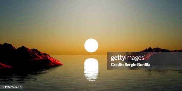 illustration of sunrise over a calm sea with the sun reflecting on the water between two silhouetted rock formations - golden hour stock illustrations