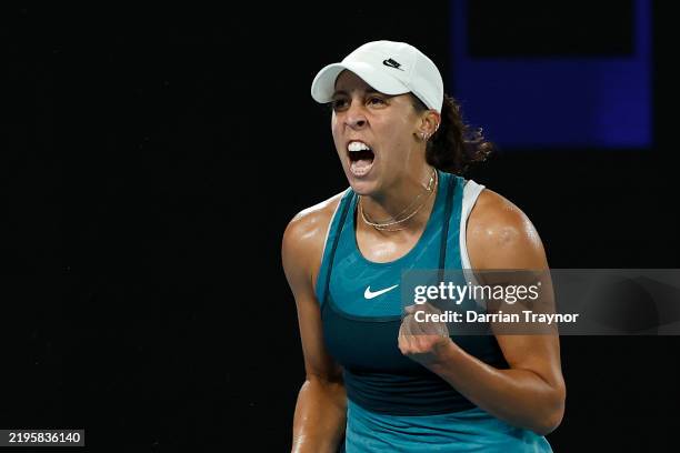 Madison Keys of the United States celebrates a point against Aryna Sabalenka in the Women's Singles Final during day 14 of the 2025 Australian Open...